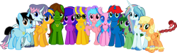 Size: 5000x1500 | Tagged: safe, artist:crisostomo-ibarra, imported from derpibooru, oc, oc only, oc:bella pinksavage, oc:eagle tale, oc:flare spark, oc:fluffybriefs, oc:hawk feather, oc:heartsy, oc:mint heart, oc:sapphire heart song, oc:sunrise glisten, oc:swiftgaia, oc:train track, oc:twilyx360, changedling, changeling, pegasus, unicorn, derpibooru community collaboration, 2021 community collab, curved horn, female, glasses, horn, jewelry, looking at you, male, mare, necklace, peace symbol, scorpion tail, simple background, smiling, smiling at you, stallion, transparent background