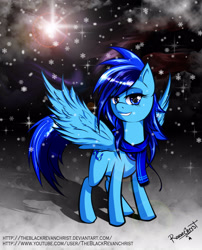 Size: 2418x3000 | Tagged: safe, artist:theblackrevanchrist, imported from derpibooru, oc, oc only, pegasus, pony, clothes, female, mare, scarf, smiling, snow, snowfall, solo, wings