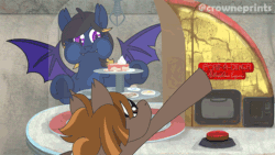 Size: 600x338 | Tagged: safe, artist:crowneprince, imported from derpibooru, bat pony, pony, fallout equestria, animated, cute, fallout, fallout 4, food, licking, mlem, perfectly preserved pie, pie, port-a-diner, silly, tongue out