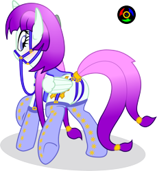 Size: 2536x2763 | Tagged: safe, artist:kyoshyu, imported from derpibooru, oc, oc only, oc:life spark, alicorn, pony, absurd resolution, alicorn oc, blushing, bridle, butt, clothes, female, garter belt, garters, harness, high res, horn, jewelry, looking back, mare, plot, raised hoof, rear view, reins, ring, saddle, simple background, socks, solo, tack, tail, tail hole, tail ring, transparent background, underhoof, wavy mouth, wings