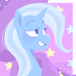 Size: 2000x2000 | Tagged: safe, artist:dartoons, imported from derpibooru, trixie, pony, unicorn, bust, female, grin, horn, lineless, mare, portrait, smiling, solo
