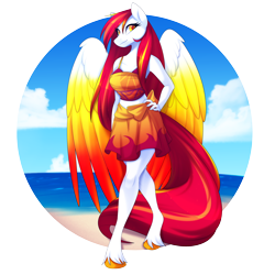 Size: 3000x3000 | Tagged: safe, artist:scarlet-spectrum, imported from derpibooru, oc, oc only, oc:diamond sun, anthro, pegasus, unguligrade anthro, amazon, beach, breasts, clothes, colored wings, commission, female, hand on hip, large wings, long hair, long mane, long tail, looking at you, mare, midriff, multicolored wings, sarong, simple background, sky, solo, transparent background, unshorn fetlocks, water, wings