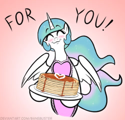 Size: 379x363 | Tagged: safe, artist:banebuster, imported from derpibooru, princess celestia, alicorn, series:tiny tia, apron, bipedal, blushing, bronybait, clothes, cute, cutelestia, ethereal mane, ethereal tail, eyes closed, female, food, heart, housewife, mare, momlestia, pancakes, smiling