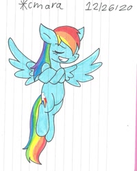 Size: 1009x1263 | Tagged: safe, artist:cmara, imported from derpibooru, rainbow dash, pegasus, pony, crossed arms, eyes closed, female, flying, grin, mare, raised hoof, simple background, smiling, solo, traditional art, white background
