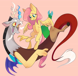 Size: 4204x4068 | Tagged: safe, artist:dymitre, artist:reborn3580, imported from derpibooru, discord, fluttershy, draconequus, pegasus, pony, absurd resolution, beanbrows, cute, discoshy, eye contact, eyebrows, female, floppy ears, heart, hooves to the chest, looking at each other, male, mare, missing cutie mark, pink background, shipping, simple background, smiling, spread wings, straight, wings