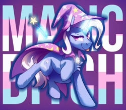 Size: 1371x1197 | Tagged: safe, artist:anticular, imported from derpibooru, trixie, pony, unicorn, female, gender headcanon, headcanon, lgbt headcanon, pride, pride flag, solo, trans female, trans trixie, transgender, transgender pride flag, vulgar, wand