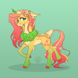 Size: 2000x2000 | Tagged: safe, artist:alzmariowolfe, artist:mario-wolfe, imported from derpibooru, fluttershy, pony, unicorn, alternate design, cheek fluff, colored ears, colored eartips, colored hooves, deer tail, ear tufts, elbow fluff, female, floppy ears, flower, flower in hair, flower in tail, gradient background, high res, hoof fluff, looking at you, mare, pale belly, raised hoof, raised leg, solo, standing, three quarter view, two toned mane, two toned tail, unicorn fluttershy, wreath