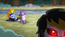 Size: 1280x720 | Tagged: safe, artist:faith-wolff, imported from derpibooru, adagio dazzle, aria blaze, sonata dusk, equestria girls, barefoot, converse, cousins, crying, disguise, disguised siren, feet, female, godzilla (series), hug, kaizer ghidorah, keizer ghidorah, loose hair, monster x, ponytail, river, shoes, siblings, sisters, the dazzlings