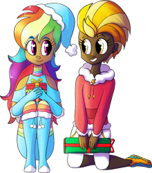 Size: 1838x2087 | Tagged: safe, artist:northernlightsone, imported from derpibooru, lightning dust, rainbow dash, human, alternate hairstyle, boots, christmas, clothes, coat, commission, dark skin, duo, evening gloves, female, gloves, grin, hat, holiday, hoodie, humanized, long gloves, looking at each other, present, rainbow socks, santa hat, shoes, shorts, simple background, smiling, sneakers, socks, stockings, striped socks, thigh highs, transparent background