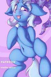 Size: 750x1125 | Tagged: safe, artist:shad0w-galaxy, imported from derpibooru, trixie, pony, unicorn, belly button, blushing, dock, female, hat, lying down, mare, patreon, simple background, solo, tongue out