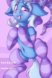 Size: 750x1125 | Tagged: safe, artist:shad0w-galaxy, imported from derpibooru, trixie, pony, unicorn, belly button, blushing, clothes, dock, female, hat, lying down, mare, patreon, simple background, socks, solo, stockings, striped socks, thigh highs, tongue out