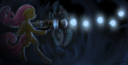 Size: 1600x810 | Tagged: safe, artist:vladimir-olegovych, imported from derpibooru, fluttershy, pegasus, pony, bipedal, crossover, doom, doom eternal, female, firing, floppy ears, glow, glowing, holding, hoof hold, mare, open mouth, plasma gun, plasma rifle, profile, smiling, solo, standing, weapon, wings