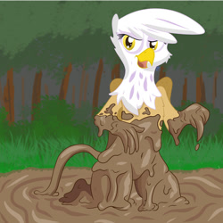 Size: 1280x1280 | Tagged: safe, alternate version, artist:pzkratzer, imported from derpibooru, gilda, griffon, semi-anthro, belly button, bipedal, covered in mud, cute, dripping, female, looking at you, mud, mud bath, open mouth, solo, swamp