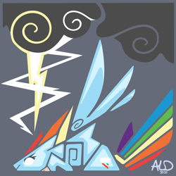Size: 4000x4000 | Tagged: safe, artist:aaron lewis davidson, imported from derpibooru, rainbow dash, dragon, pegasus, pony, 2021, bladed wings, check mark, cloud, cloudy, electricity, female, lightning, mare, minimalist, modern art, monster hunter, monster hunter world, storm, stormcloud, swirls, triangular