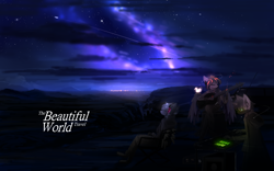 Size: 2560x1600 | Tagged: safe, artist:ssnerdy, imported from derpibooru, oc, oc only, anthro, guitar, headphones, musical instrument, night, scenery, stars, trio