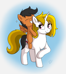 Size: 1732x1944 | Tagged: safe, artist:heretichesh, imported from derpibooru, oc, oc:collider flarespark, oc:jack knife, pegasus, pony, unicorn, blushing, colt, eyeshadow, family, female, grin, happy, makeup, male, mare, mother and child, mother and son, ponies riding ponies, riding, smiling