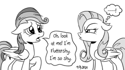 Size: 1200x675 | Tagged: safe, artist:pony-berserker, imported from derpibooru, fluttershy, rainbow dash, pegasus, pony, alternate hairstyle, care mare, dialogue, duo, female, floppy ears, fluttershy is not amused, halftone, impersonating, mare, mocking, monochrome, peeved, pony-berserker's twitter sketches, rainbow douche, seems legit, stippling, this will not end well, unamused