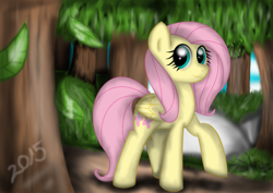 Size: 1754x1240 | Tagged: safe, artist:amgiwolf, imported from derpibooru, fluttershy, pegasus, pony, eyelashes, female, folded wings, forest, looking at you, mare, outdoors, raised hoof, signature, smiling, solo, tree, wings