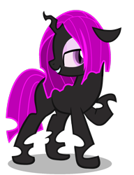 Size: 946x1230 | Tagged: safe, artist:amgiwolf, imported from derpibooru, oc, oc only, oc:pinky rose, changeling, changeling queen, pony, bedroom eyes, changeling queen oc, female, grin, looking back, makeup, purple changeling, raised hoof, simple background, smiling, solo, transparent background