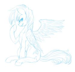 Size: 1000x965 | Tagged: safe, artist:mrs1989, imported from derpibooru, rainbow dash, pegasus, pony, female, grin, looking at you, mare, monochrome, simple background, sitting, smiling, solo, spread wings, wings