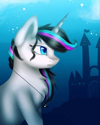 Size: 1080x1350 | Tagged: safe, artist:rxndxm.artist, imported from derpibooru, oc, oc only, oc:shooting star, pony, unicorn, bust, castle, chest fluff, female, horn, jewelry, mare, necklace, outdoors, palindrome get, solo, unicorn oc