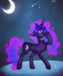 Size: 1080x1288 | Tagged: safe, artist:rxndxm.artist, imported from derpibooru, oc, oc only, pony, unicorn, choker, crescent moon, ethereal mane, horn, moon, outdoors, raised hoof, shooting star, solo, starry mane, stars, unicorn oc