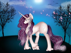 Size: 1080x810 | Tagged: safe, artist:rxndxm.artist, imported from derpibooru, oc, oc only, bird, pony, unicorn, cloud, full moon, hoof fluff, horn, horn jewelry, jewelry, moon, outdoors, petals, solo, tree, unicorn oc