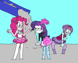 Size: 1942x1568 | Tagged: safe, artist:bugssonicx, imported from derpibooru, pinkie pie, rarity, sunny flare, equestria girls, cement, female, stuck, trio, trio female
