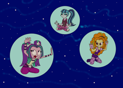 Size: 2776x1987 | Tagged: safe, artist:bugssonicx, imported from derpibooru, adagio dazzle, aria blaze, sonata dusk, equestria girls, angry, crossed legs, eyes closed, floating, help us, in bubble, scared, stars, the dazzlings