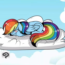Size: 1080x1080 | Tagged: safe, artist:princessesmeraldaofficial, imported from derpibooru, rainbow dash, pegasus, pony, blushing, cloud, eyes closed, female, mare, on a cloud, outdoors, signature, sleeping, solo