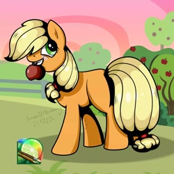 Size: 1080x1080 | Tagged: safe, artist:princessesmeraldaofficial, imported from derpibooru, applejack, earth pony, pony, apple, apple tree, eyelashes, female, food, mare, mouth hold, outdoors, signature, solo, tree