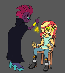 Size: 969x1080 | Tagged: safe, artist:bugssonicx, imported from derpibooru, sunset shimmer, tempest shadow, equestria girls, amulet, fanfic art, gritted teeth, hypnosis, jewelry, kaa eyes, swirly eyes, tied to chair