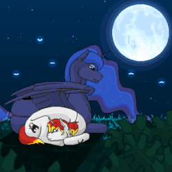 Size: 400x400 | Tagged: safe, artist:imreer, imported from derpibooru, princess luna, oc, alicorn, firefly (insect), insect, pony, unicorn, animated, blinking, commission, duo, ethereal mane, female, full moon, gif, horn, lying down, mare, moon, night, outdoors, pixel art, prone, starry mane, stars, unicorn oc, ych result