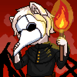 Size: 300x300 | Tagged: safe, artist:imreer, imported from derpibooru, oc, oc only, anthro, earth pony, animated, bust, clothes, commission, earth pony oc, gif, grin, pixel art, plague doctor mask, smiling, solo, torch, ych result