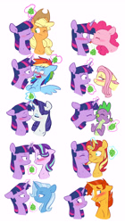 Size: 4104x7345 | Tagged: safe, artist:chub-wub, imported from derpibooru, applejack, fluttershy, pinkie pie, rainbow dash, rarity, spike, starlight glimmer, sunburst, sunset shimmer, trixie, twilight sparkle, alicorn, dragon, earth pony, pegasus, pony, unicorn, :p, applejack's hat, beard, bisexual, blushing, cheek kiss, christmas, cowboy hat, crossed horns, cute, eyes closed, eyeshadow, facial hair, female, glowing horn, hat, holiday, horn, horns are touching, kiss on the cheek, kissing, lesbian, levitation, licking, magic, makeup, male, mane seven, mane six, mare, markings, missing accessory, mistletoe, one eye closed, open mouth, polyamory, rarilight, shipping, shy, simple background, stallion, straight, sunsetsparkle, telekinesis, tongue out, tsunderainbow, tsundere, twiburst, twidash, twijack, twilight sparkle (alicorn), twilight sparkle gets all the mares, twilight sparkle gets all the stallions, twinkie, twishy, twispike, twistarlight, twixie, wall of tags, white background, wink