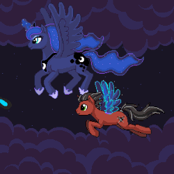 Size: 300x300 | Tagged: safe, artist:imreer, imported from derpibooru, princess luna, oc, alicorn, earth pony, pony, animated, artificial wings, augmented, clothes, cloud, commission, duo, ethereal mane, female, flowing hair, flowing mane, flowing tail, flying, gif, glowing horn, glowing scarf, hoof shoes, horn, magic, magic wings, male, mare, peytral, pixel art, scarf, stallion, starry mane, wings, ych result