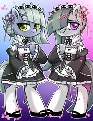 Size: 2550x3300 | Tagged: safe, artist:techycutie, imported from derpibooru, limestone pie, marble pie, earth pony, pony, bipedal, clothes, cosplay, costume, female, flower petals, gradient background, headband, looking at you, maid, maid headdress, pie sisters, pouting, ram (re:zero), re:life in a different world from zero, re:zero, rem, rem and ram, siblings, sisters, socks