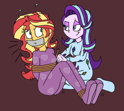 Size: 1382x1239 | Tagged: safe, artist:bugssonicx, imported from derpibooru, starlight glimmer, sunset shimmer, equestria girls, arm behind back, bondage, bound and gagged, clothes, fetish, footed sleeper, footie pajamas, gag, onesie, pajamas, rope, rope bondage, sleepover, slumber party, tape, tape gag, tied up, tying