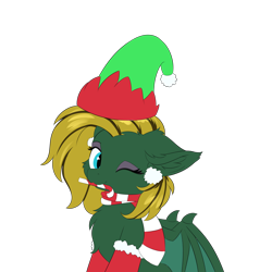 Size: 5000x5000 | Tagged: safe, artist:lunar froxy, imported from derpibooru, oc, oc only, oc:midnight lightning, bat pony, bat wings, candy, candy cane, chest fluff, christmas, clothes, commission, cute, ear fluff, elf hat, eyeshadow, female, food, hat, holiday, looking at you, makeup, mare, one eye closed, santa hat, scarf, simple background, socks, transparent background, wings, wink, winking at you, ych result