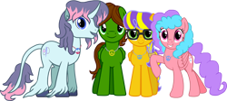 Size: 2780x1250 | Tagged: safe, artist:crisostomo-ibarra, imported from derpibooru, oc, oc only, oc:bella pinksavage, oc:fluffybriefs, oc:sunrise glisten, oc:swiftgaia, pony, unicorn, derpibooru community collaboration, 2021 community collab, curved horn, female, glasses, horn, jewelry, looking at you, male, mare, necklace, peace symbol, simple background, smiling, stallion, transparent background