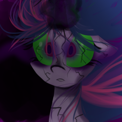 Size: 512x512 | Tagged: safe, artist:artizay, imported from ponybooru, twilight sparkle, alicorn, pony, black background, bust, colored sclera, corrupted, corrupted twilight sparkle, dark magic, dark twilight, dark twilight sparkle, darklight, darklight sparkle, female, glowing horn, green sclera, horn, magic, magic lightning, magical lighting, messy mane, possessed, possession, simple background, solo, sombra eyes, twilight sparkle (alicorn)