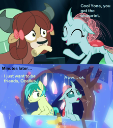 Size: 1000x1126 | Tagged: safe, artist:thegamerpainter, edit, imported from ponybooru, screencap, ocellus, sandbar, yona, changeling, earth pony, pony, yak, uprooted, 2 panel comic, bipedal, comic, creator:imperfectxiii, disappointed, duo, duo focus, eyes closed, female, looking at someone, looking up, male, monkey swings, mouth hold, ocelbar, raised hoof, shipping, shrunken pupils, sparkles, straight, text, text edit, treehouse of harmony