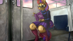 Size: 3840x2160 | Tagged: safe, imported from derpibooru, moondancer, anthro, human, pony, unicorn, food, humanized, reading, solo, subway