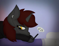 Size: 2058x1595 | Tagged: safe, artist:embermare, artist:emberstoneeqf, imported from derpibooru, oc, oc only, oc:ember stone, unicorn, bed, earbuds, music, phone, sad, simple background, solo