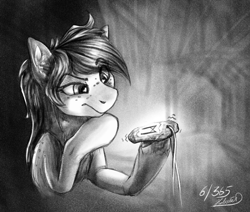 Size: 1365x1160 | Tagged: safe, artist:helmie-d, imported from derpibooru, oc, oc only, oc:karoline skies, earth pony, pony, bust, ear fluff, female, freckles, grayscale, mare, monochrome, rune stone, runes, solo
