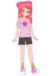 Size: 816x1200 | Tagged: artist needed, source needed, safe, artist:izzierichard, imported from derpibooru, apple bloom, human, adorabloom, apple bloom's cutie mark, bow, clothes, converse, cute, cutie mark, cutie mark on clothes, exploitable meme, female, humanized, meme, shoes, shorts, smiling, sneakers, solo, the cmc's cutie marks