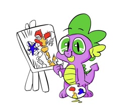 Size: 500x446 | Tagged: safe, artist:b0uncy-ball, imported from derpibooru, spike, dragon, robot, art, canvas, cute, easel, fight, looking at you, male, paint, paintbrush, painting, palette, simple background, solo, spikabetes, white background