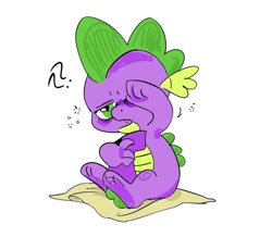 Size: 640x558 | Tagged: safe, artist:b0uncy-ball, imported from derpibooru, spike, dragon, blanket, cute, hug, male, open mouth, question mark, simple background, sitting, sleepy, solo, spikabetes, tail hug, white background