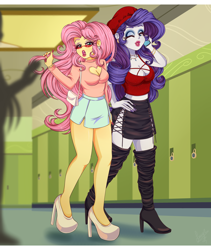 Size: 3800x4500 | Tagged: safe, artist:lucy-tan, imported from derpibooru, fluttershy, rarity, equestria girls, alternate hairstyle, bedroom eyes, beret, bimbo, bimbo rarity, bimboshy, boob window, boots, bracelet, brat, breasts, canterlot high, clothes, commission, duo, duo female, eyeshadow, female, flarity, hallway, handbag, hat, high heel boots, high heels, jewelry, lesbian, lipstick, locker, lockers, makeup, miniskirt, necklace, one eye closed, phone, rubber boots, shipping, shoes, skirt, sunglasses, tanktop, thigh boots, wink