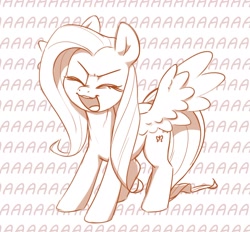 Size: 1648x1529 | Tagged: safe, artist:bunchedupletters, imported from derpibooru, fluttershy, pegasus, pony, aaaaaaaaaa, cute, cutie mark, eyes closed, female, mare, monochrome, open mouth, shyabetes, simple background, solo, spread wings, wings, yelling